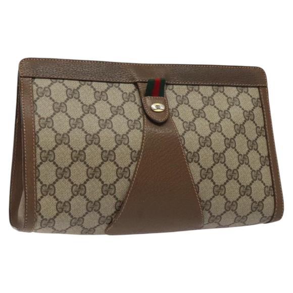 GUCCI GG Supreme Web Sherry Line Clutch Bag PVC Beige Gold 89 01 033 Auth 125610 - Picture 1 of 16